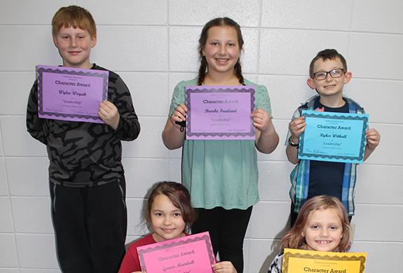 Students from each grade level earned leadership character trait awards from Redgranite Elementary School. Marley Ostertag, first grade, Gracie Mandeik, second grade, Ryker Withall, third grade, Wylee Woyak, fourth grade, Brooke Freeland, fifth grade, and (not pictured) Adelise Florez, kindergarten, were the recipients for this month’s character trait awards. 