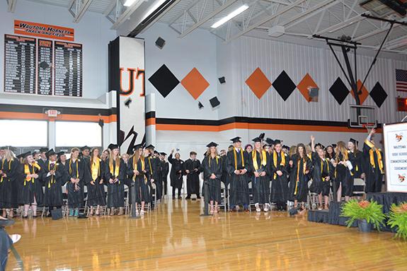 The 2022 Wautoma High School Graduates celebrate by throwing their hats into the air at the end of the ceremony on May 28th inside the Wautoma High School Fieldhouse. See the Waushara Argus print edition for more photos.