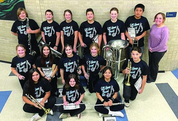 Honor Band Participates from Parkside School included: Titus Soenksen, Ryan Young, Laynie Vaughan, Elijah Sowma, Samara Hennes, Ismael Medina, and Parkside School Band Director Megan Stevens; (middle row): Sophie Klimke, Bailey Enriquez, Caydan Rooney, Myla Goddard, Domanic Armstrong; (front row): Maria Cervantes, Alexa Parks, and Betzy Tinoco.