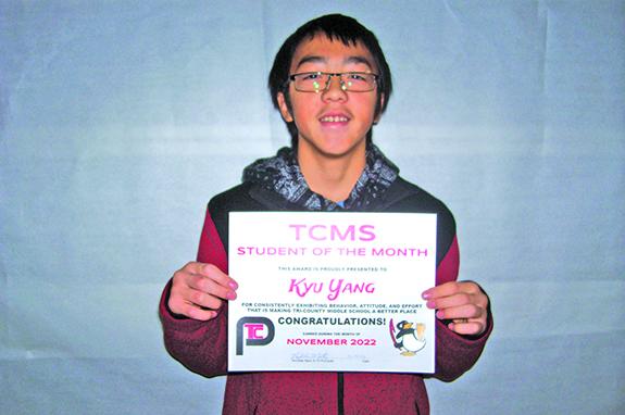 Kyu Yang, eighth grade, is always courteous of classmates and teachers said Kasey Bates. Kyu works so hard and turns in work that is creative and well done. Bates said that he is always looking for ways he can tidy up in her classroom. He is an awesome leader for his peers. David Stelter said that Kyu asks questions whenever he wants to better understand materials. He is also kind and has a good sense of humor.