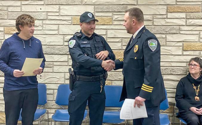 Administrator Tommy Bohler, Officer Justin Wolff, and Wautoma Police Chief, Paul Mott swore in Officer Wolff at the Wautoma City Council Meeting on Jan. 8th at City Hall.