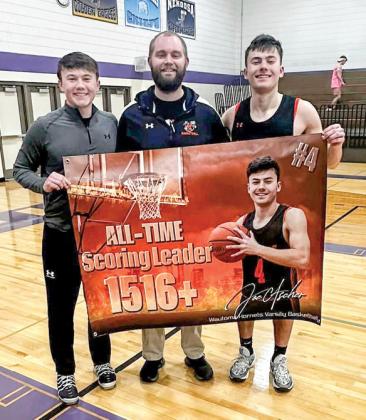The school record was previously held by Joe’s brother Gabe Ascher who originally held the record at 1515 points in a career. Pictured are Gabe Ascher, Head Coach Kyle Thompson and Joe Ascher. 