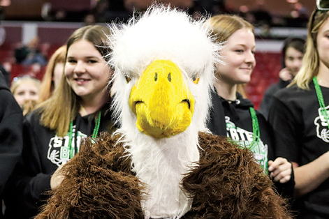 Almond-Bancroft fans were led by their very own Eagle while cheering on their boys’ basketball team during their first ever trip to the WIAA State Semi-Finals at the Kohl Center in Madison. 