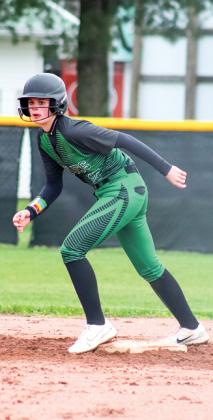 Lacie Bradley gets ready to take off to third base. The Lady Eagles scored a 10-0 victory over Rosholt’s Lady Hornets. 