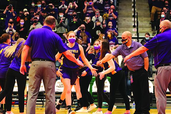 The Westfield Lady Pioneer starting lineup was introduced at the Menominee Nation Arena in Oshkosh before the State Tournament against Aquinas Lady Blugolds on Feb. 26. Brandi Lentz gets cheered on by her team and fans during the introduction.