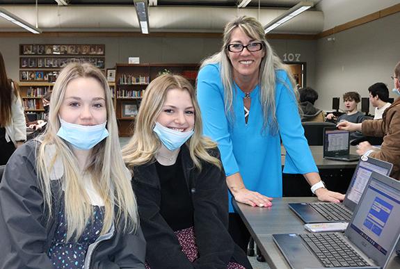 Wautoma High School Counselor Joann Miller assisted Lexus Christman and Kiara Heffler in picking their senior year classes on Feb. 16.