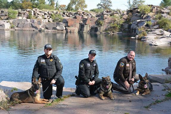 Waushara County Sheriff’s Department K9 officers Storm, Thor and Argo with their handlers. Photo courtesy of Waushara County Sheriff’s Department.
