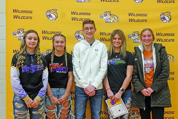 Fall sports athletes were recognized during a Nov. 1 awards ceremony at Wild Rose High School. Wautoma/Wild Rose cross country athletes receiving special honors were Laney Havlovitz – 1st Team All-Conference, Cali Havlovitz – 2nd Team All-Conference, Logan Erdman – 2nd Team All-Conference, Mya Bahr – 1st Team All-Conference, and Madylyn Woyak – 2nd Team All-Conference.