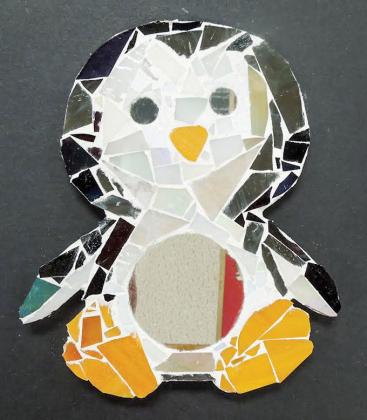 Addyson Rettler penguin, glass mirror mosaic