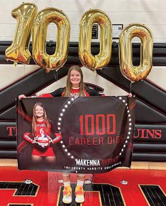 Makenna Rettler, a Tri-County High School junior, hit the milestone of 1,000 career digs in her recent match against Rosholt on Oct. 10. She was honored for her achievement by her team with a banner, an autographed volleyball, a poster, and “1000” balloons. This is quite an accomplishment for this two time All-Conference player in just her junior year of her career.