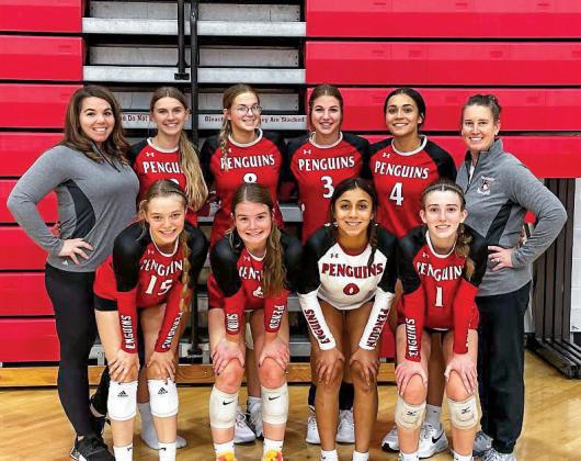 The Lady Penguins finished second in the CWC-South just behind Pacelli during the 2023 volleyball season. Pictured are (front): Courtney Bauck, Makenna Rettler, Arayanna Foster, and Addyson Rettler; (back): Coach Jessica Beggs, Cali Eastling, Lauren Wilkins, Emily Lauer, Kaila Foster, and Coach Jessica Rettler. 